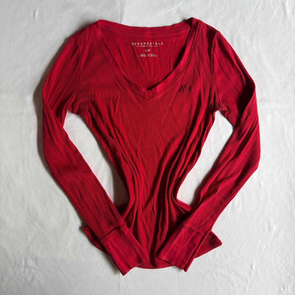 Aeropostale Red Ribbed Fitted Long Sleeve Top Sz Small 2016 Y2K Bella Swan